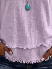 V-neck Long Sleeve Blouse With Frayed Hem in White with raw hem