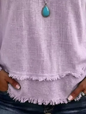 V-neck Long Sleeve Blouse With Frayed Hem in White with raw hem