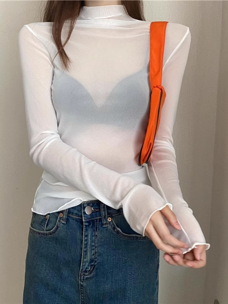 t-shirt in Gray with sheer and hip-length