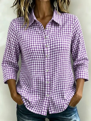 Full Size Plaid Collared Button Up Shirt in Purple