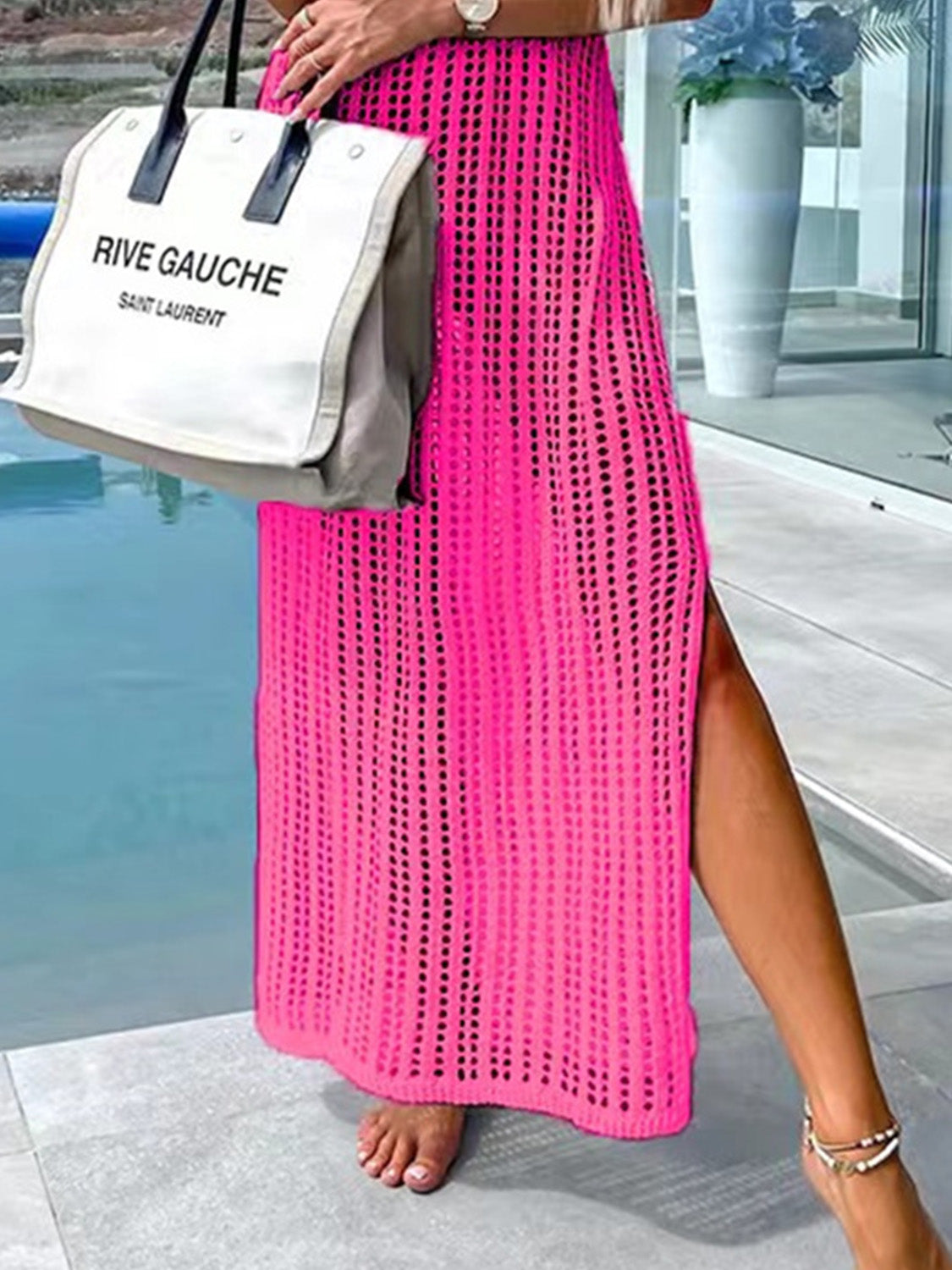 Hot Pink open-knit maxi cover-up with high slit and crochet detail.