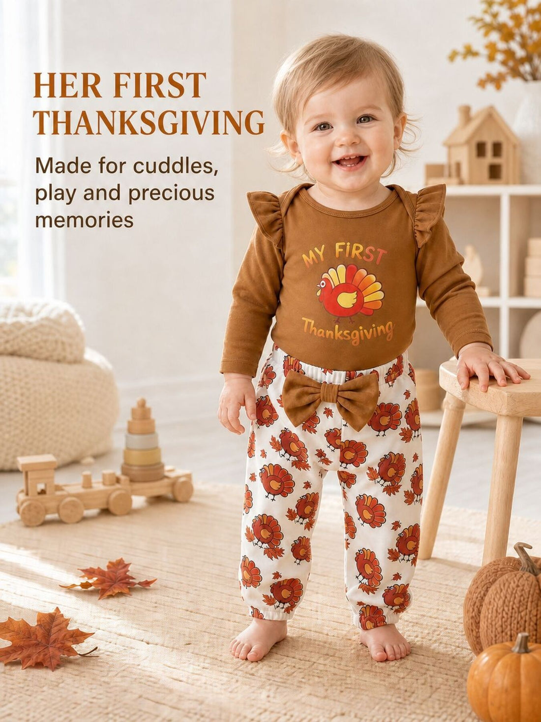 brown outfit set with turkey print and round neck