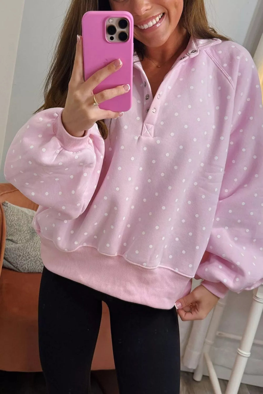 Polka Dot Metal Button Collar Sweatshirt in Blush Pink