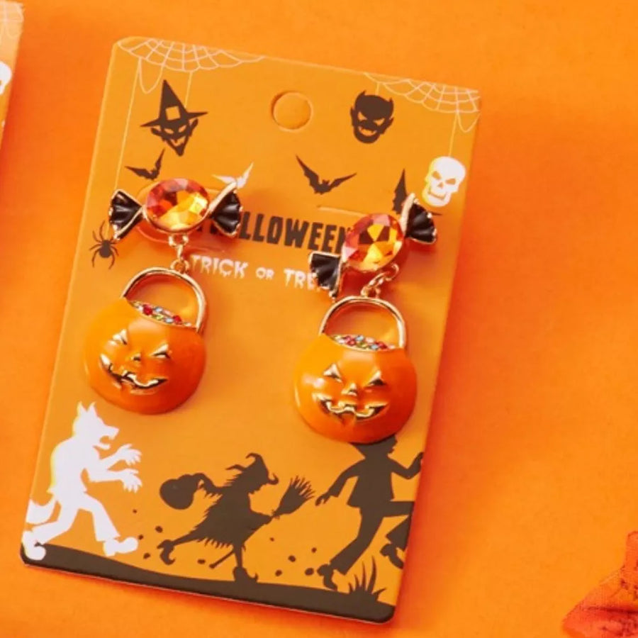 earrings featuring pumpkin motif in black with 18K Gold-Plated, Zinc alloy, Copper, Rhinestone Care instructions: Imported