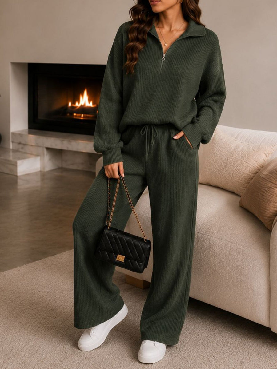 Cozy Ribbed Knit Quarter-Zip Top And Wide-Leg Set in Tan