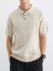 Apricot ribbed knit polo shirt for men with short sleeves and a classic collar.