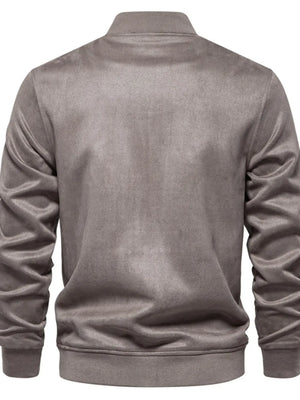 Suede-effect bomber jacket in taupe with ribbed collar, cuffs, and hem.