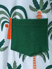 Baby tee and shorts set with tropical palm tree print and green pocket detail.