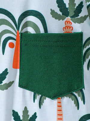Baby tee and shorts set with tropical palm tree print and green pocket detail.