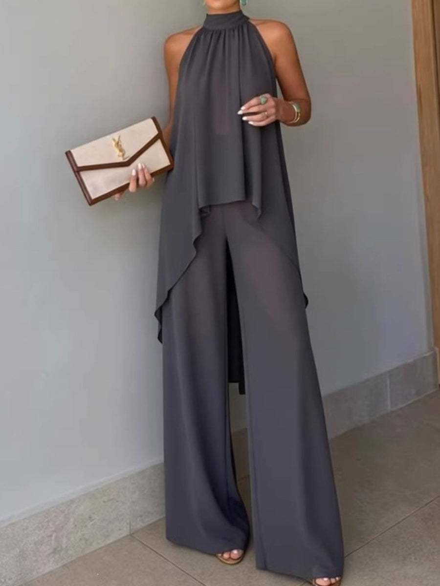 two-piece set in Light Purple with high-low and hip-length, tunic-length top with full-length pants