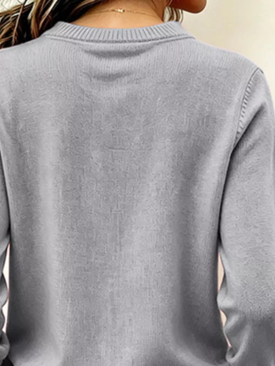 V-neck Long Sleeve Sweater in Black with decorative buttons