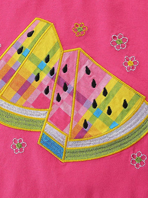 Toddler watermelon pajama set with embroidered plaid watermelon slices and flowers on pink cotton.