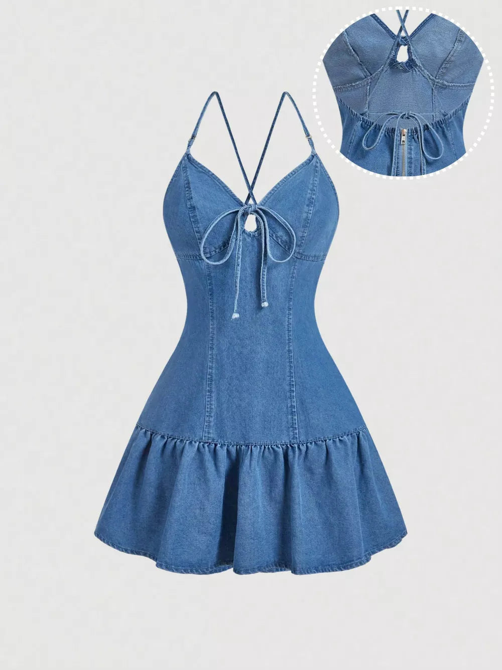 mini dress in denim blue featuring tied and fit-and-flare fit