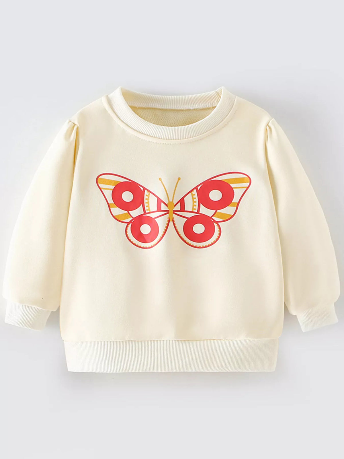 Baby crew neck sweatshirt in cream with a red and yellow butterfly graphic.