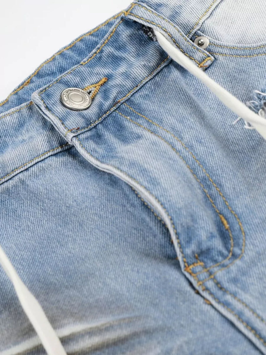 Distressed blue cotton capri jeans for men with drawstring detail