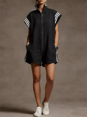 Yellow Green Striped Zip Front Romper