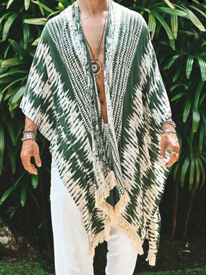 Army green geometric print kimono with fringe trim and wide sleeves.