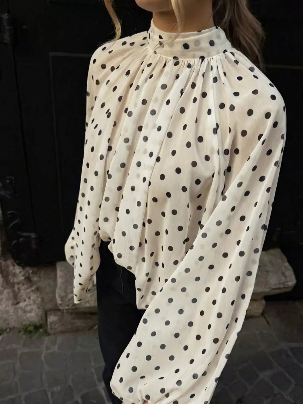 Ivory Polka Dot Balloon Sleeve Blouse