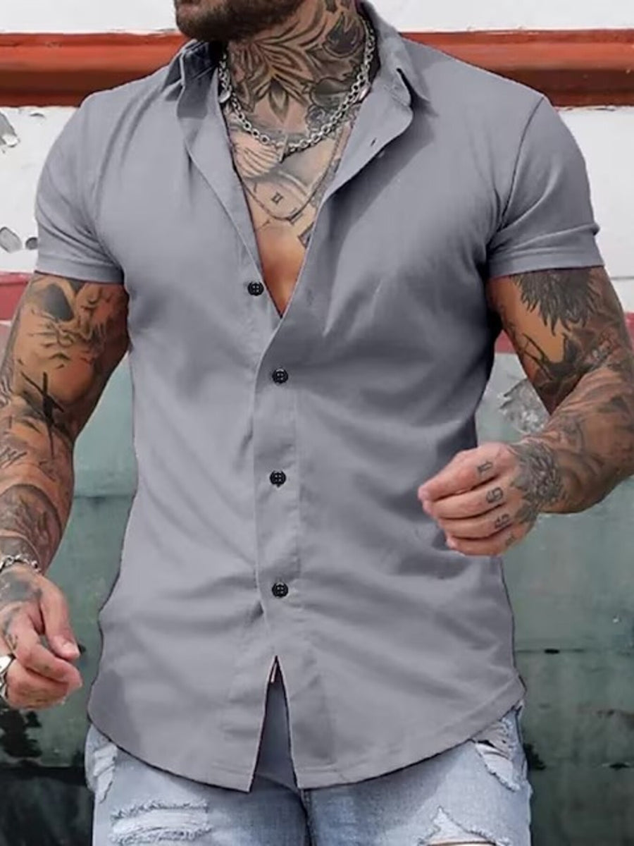 Men's gray slim fit short sleeve button-down shirt with spread collar.