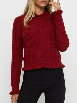 Cable-Knit Ruffle-Trim Cardigan in Wine Red