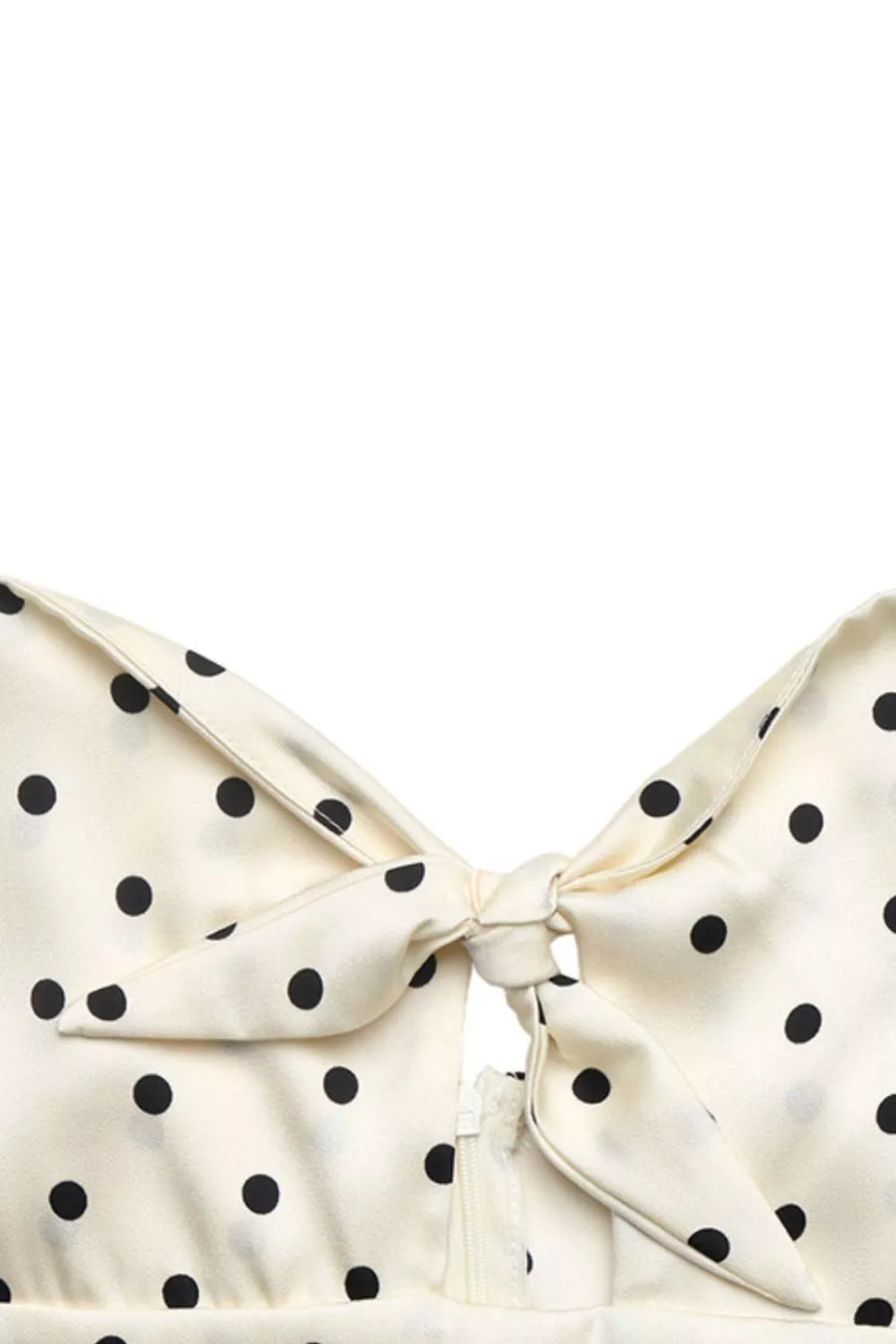 Cream polka dot maxi dress with tie front and cutout detail