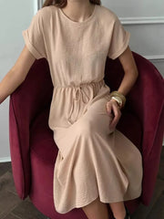 Casual Drawstring Waist Midi Dress in Green