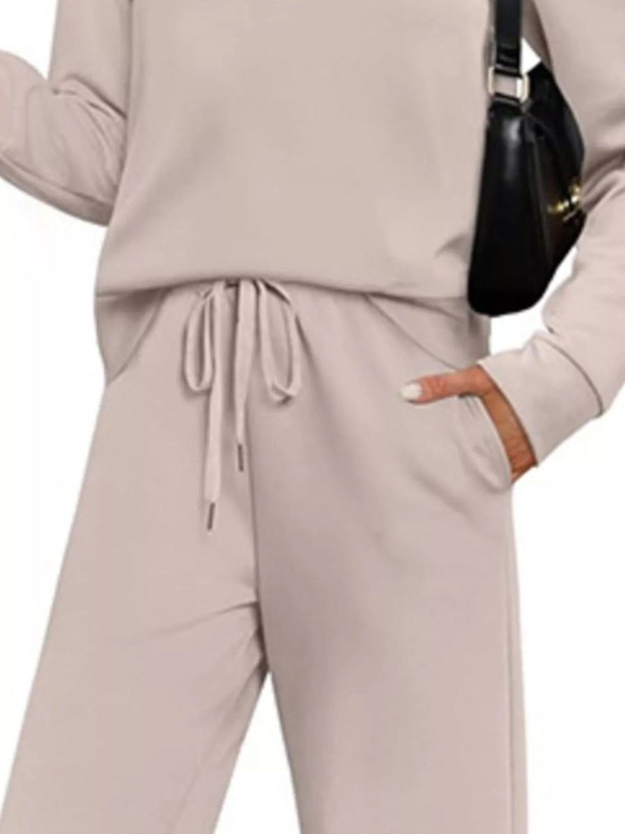Apricot casual long-sleeve top and pants set with drawstring waist and pockets
