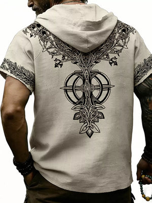 Men's Full Size Printed Hooded Short Sleeve Top in White