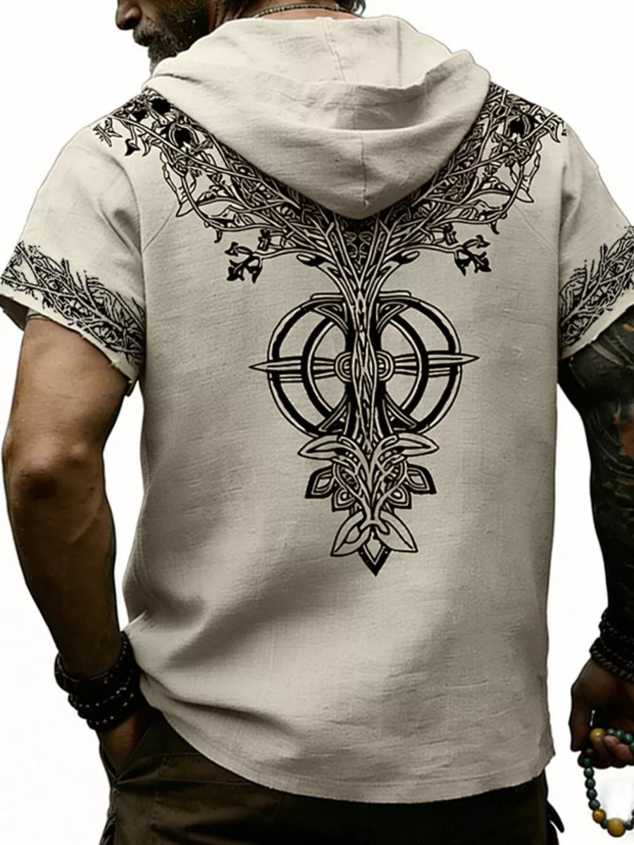 Men's Full Size Printed Hooded Short Sleeve Top in White