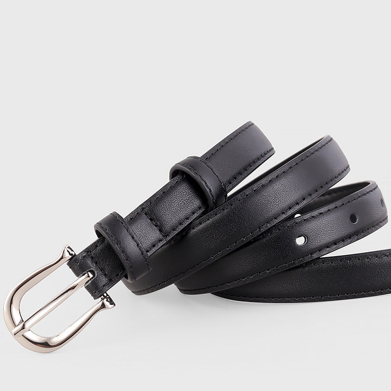 Black leather skinny belt with silver buckle and keeper loop