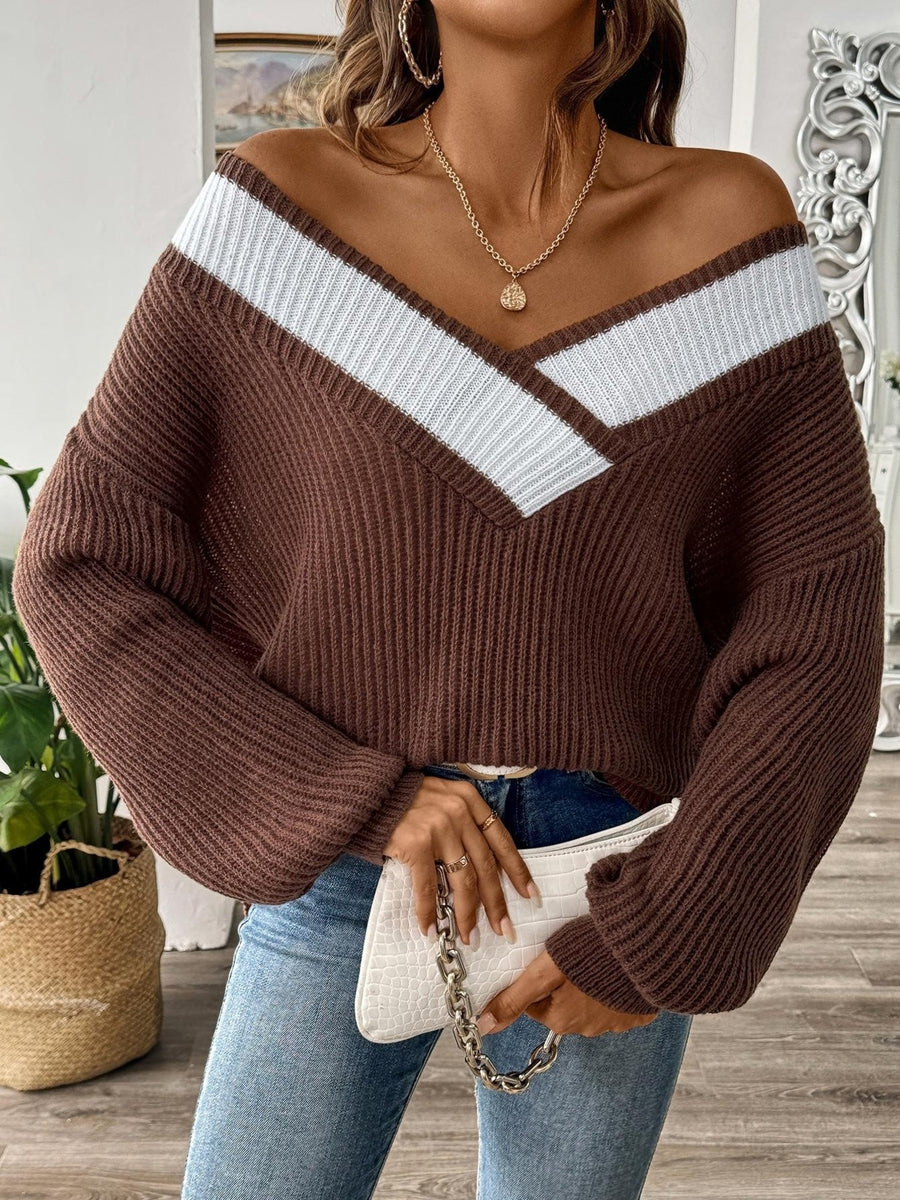 ivory v-neck sweater featuring ribbed and color-block