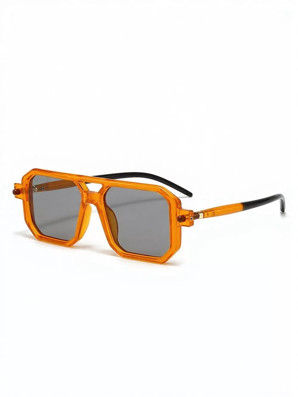Orange square frame sunglasses with UV protection and gray lenses.