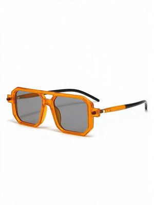 Orange square frame sunglasses with UV protection and gray lenses.