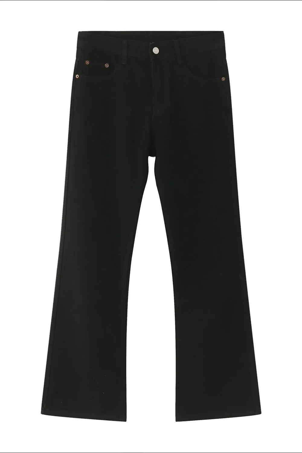 Black denim flare trousers with a vintage wash and button fly.