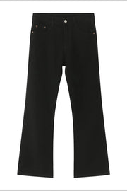 Black denim flare trousers with a vintage wash and button fly.