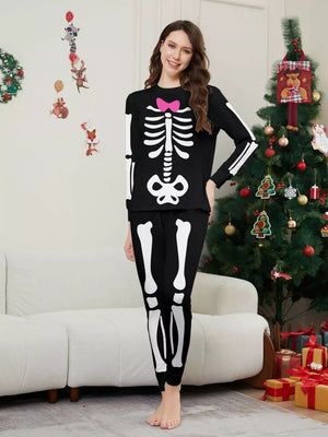 white pajama set featuring two-piece and skeleton print