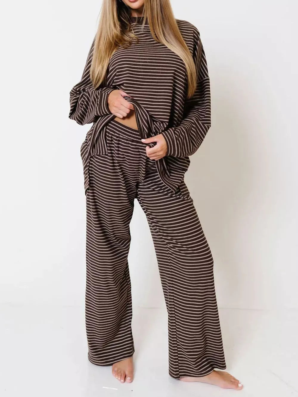 dark brown pajama set with striped and mock neck