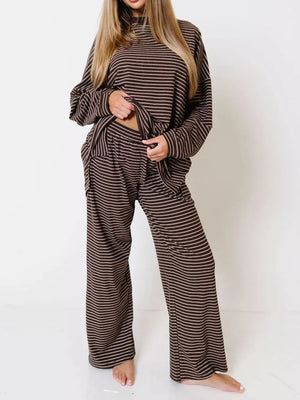 dark brown pajama set with striped and mock neck