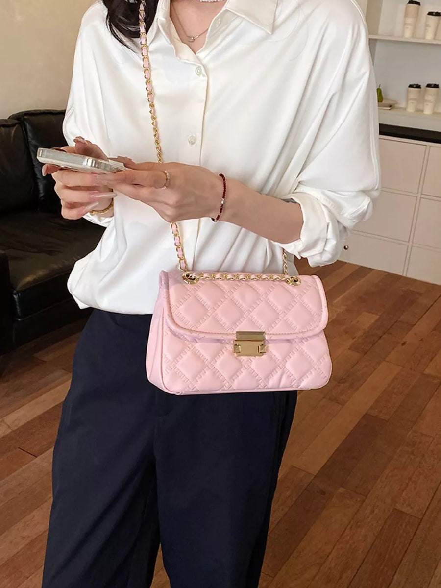 Quilted Chain Crossbody Bag in Pink with quilted