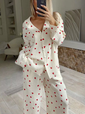 Apricot Heart Print Long Sleeve Top And Pants Lounge Set