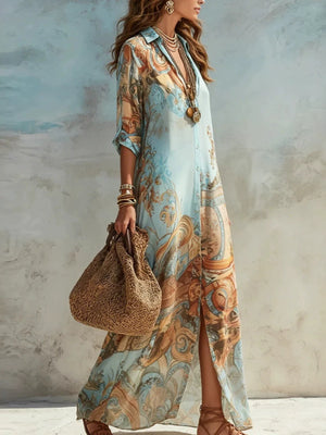 terracotta shirt dress featuring buttoned and ornate print