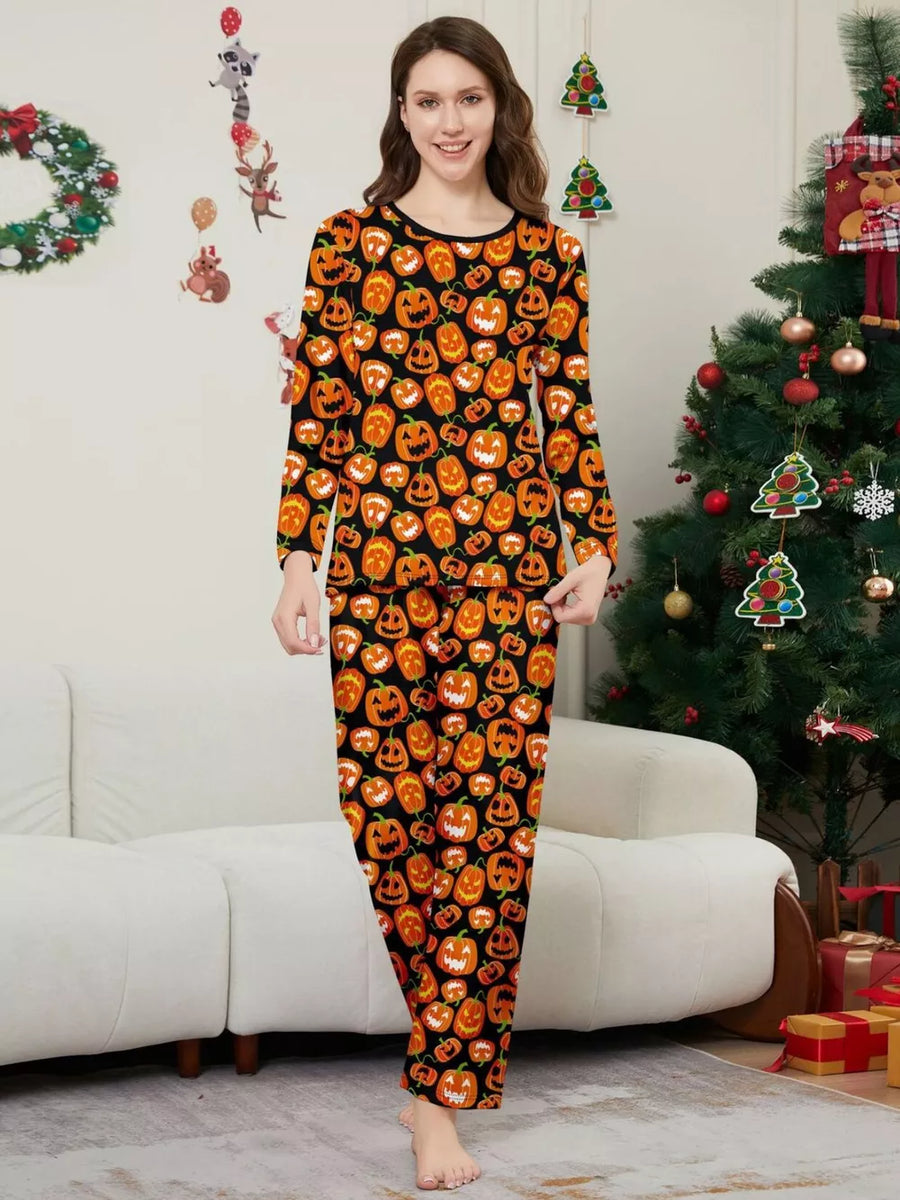 orange pajama set featuring plus-size and pumpkin-print