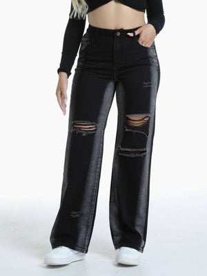 wide-leg jeans in charcoal featuring distressed and wide-leg fit