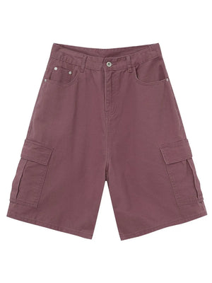 Mauve baggy cargo bermuda shorts with buttoned front and side pockets.