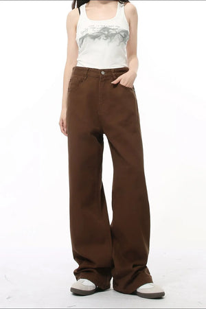 Brown wide-leg denim jeans with a relaxed fit and utility pockets.