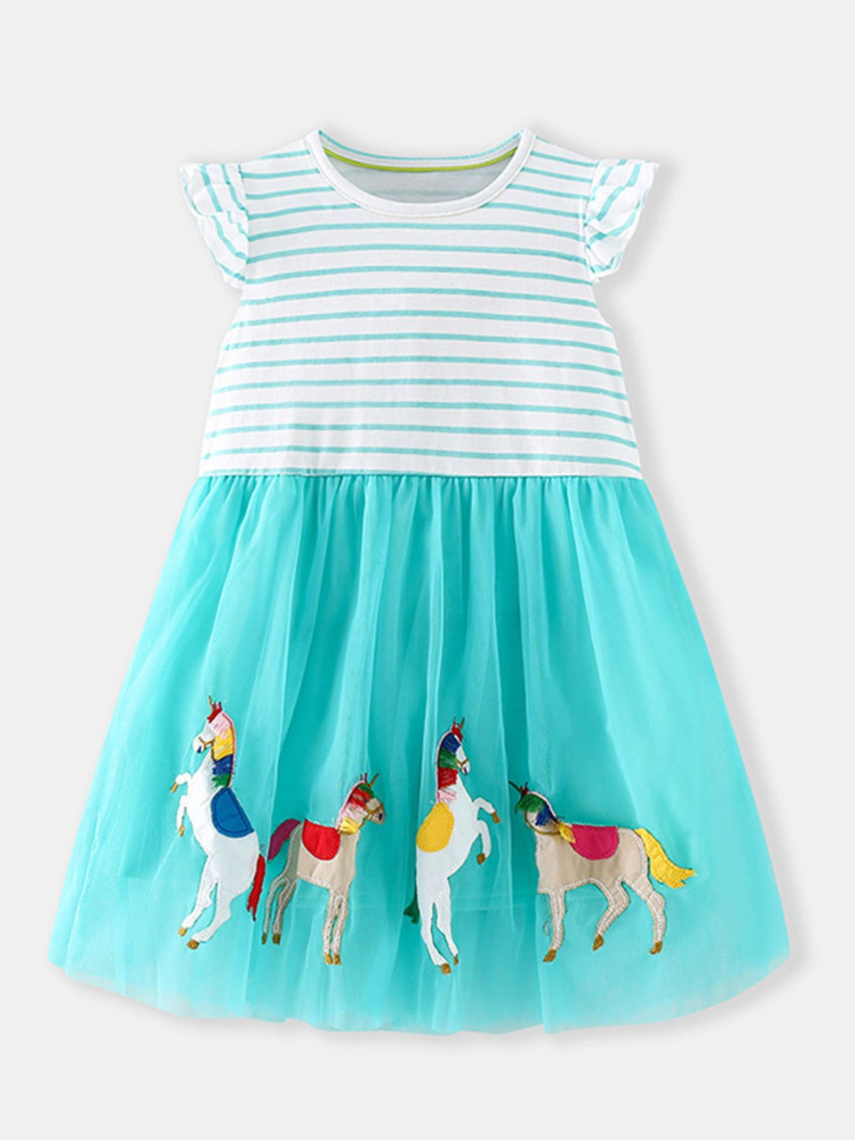 Toddler girls' turquoise tulle dress with embroidered unicorns and striped cotton top.