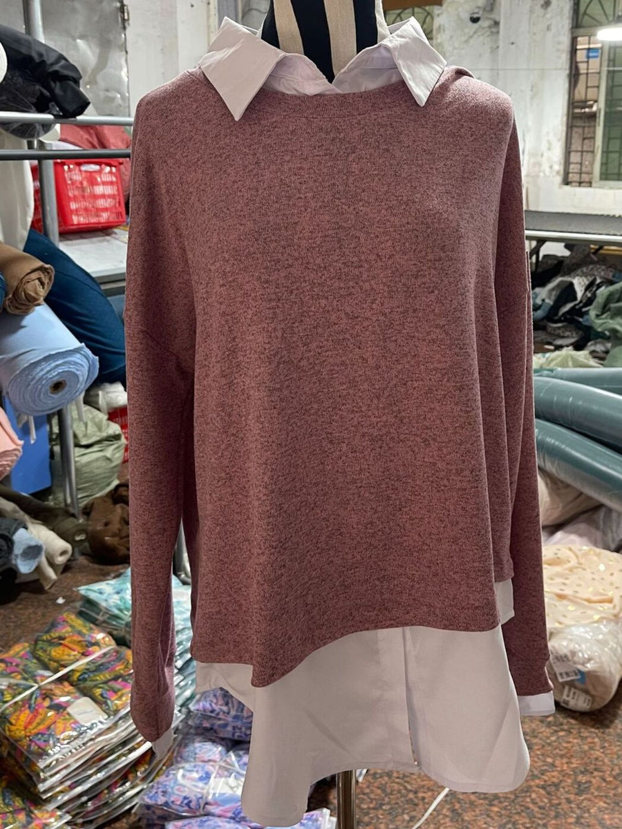 pullover sweater in Dusty Blue with stretch and hip-length