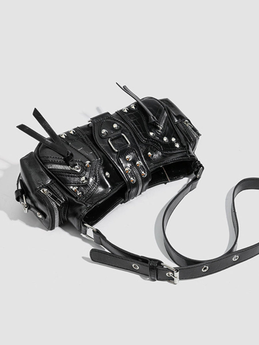 Y2k Rivet Embellished Patent Leather Shoulder Bag in black with rivet embellishment