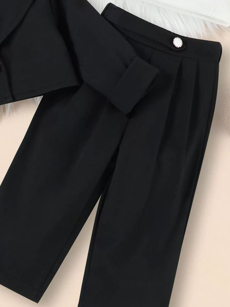 Toddler black blazer set with cropped jacket and pleated pants.