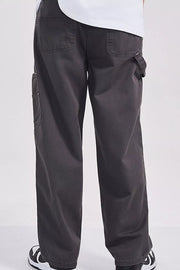 Relaxed fit dark gray cargo sweatpants with utility details and back pockets.